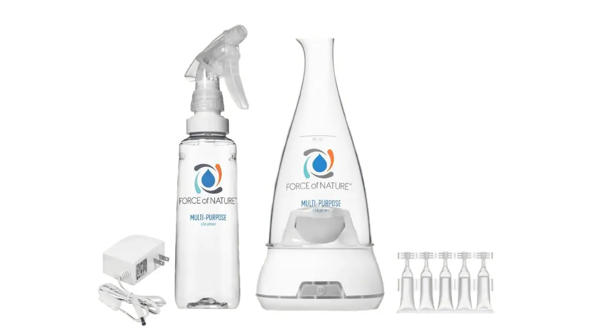 Force of nature cleaner starter kit containing the electrolyzer, spray bottle, cleaner capsules and the power cord.
