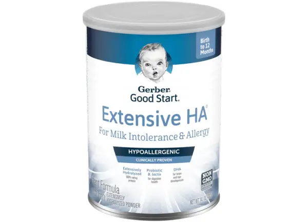 A can of Gerber Good Start Extensive HA® formula (eHF) The label states that this formula is for milk intolerance (CMPA) and allergy.
