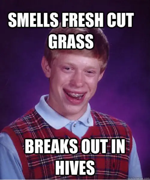 young man school picture dorky looking image with the caption: Smells fresh cut grass, breaks out in hives. 