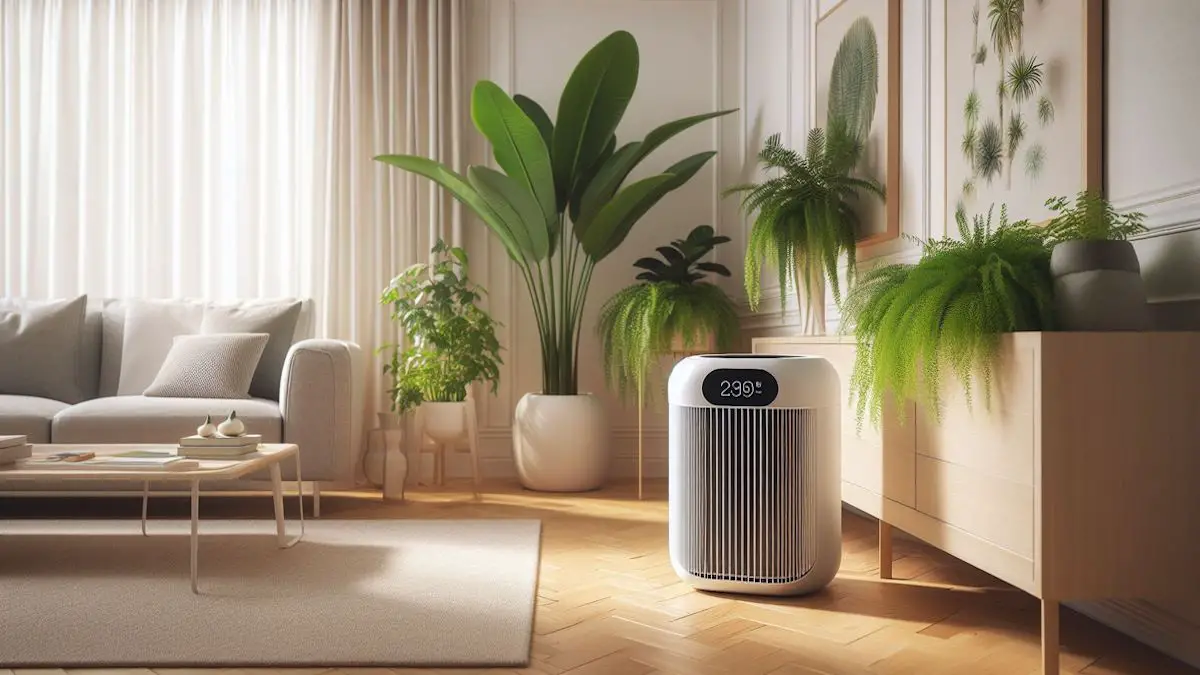 A humidifier in a bright living room, in summer. Many plants surround the room.