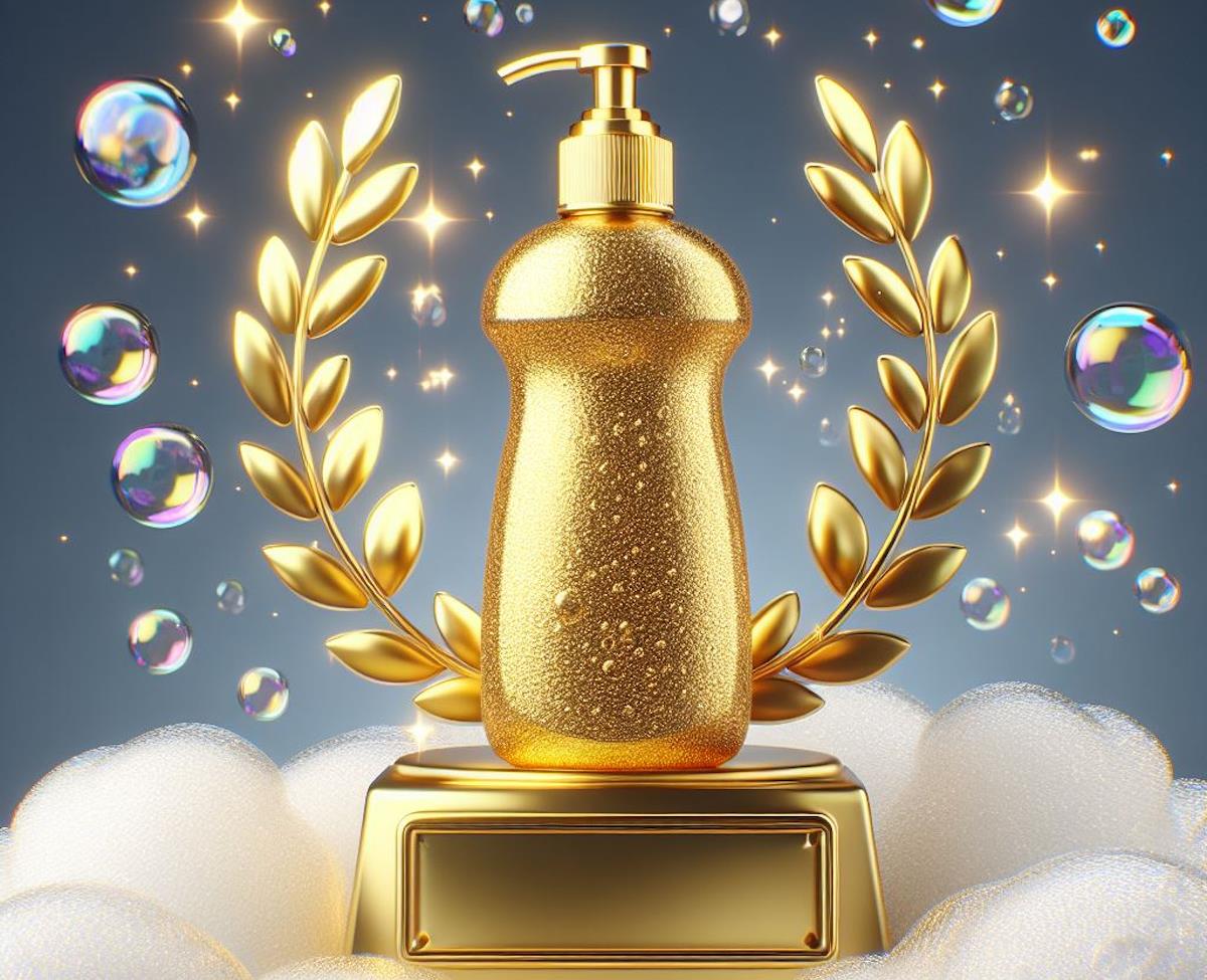 A golden trophy of a dish soap pump for winning the best hypoallergenic dish soap for eczema award. There are bubbles floating around the trophy.