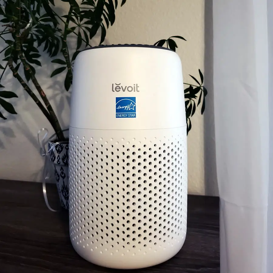 Levoit air purifier in a bedroom. The humidifer is in front of a plant, and is white.