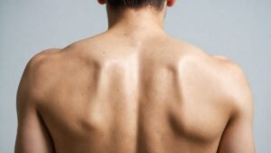 A man's back and shoulders showing a few moles, but no eczema or dermatitis.