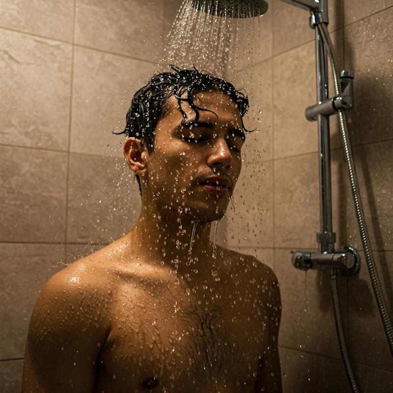 A man with dark hair taking a shower, currently rinsing his hair.