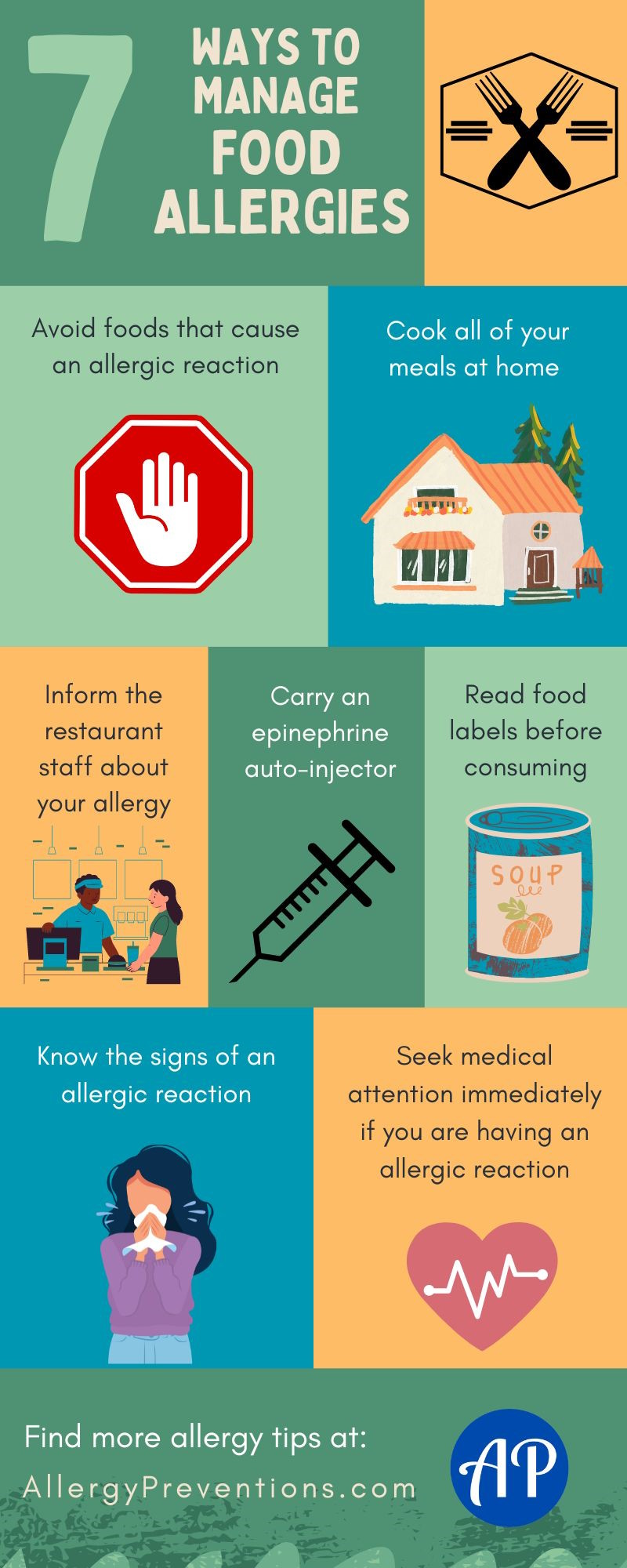 7 ways to manage food allergies info graphic. 1. Avoid foods that cause an allergic reactions. 2. Cook all of your meals at home. 3. Inform the resturant staff about your allergy. 4. Carry an epinephrine auto-injector. 5. Read food labels before consuming. 6. Know the signs of an allergic reaction. 7. Seek medical attention immediately if you are having an allergic reaction. Food more tips at allerypreventions.com