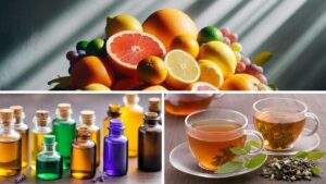 A collage of citrus fruits, essential oils, and herbal teas, signifying the natural pollen allergy remedies.