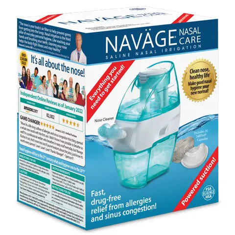 Navage nasal care saline irrigation kit. Navage is a drug-free irrigation device that gives you relief from allergies and sinus congestion. 