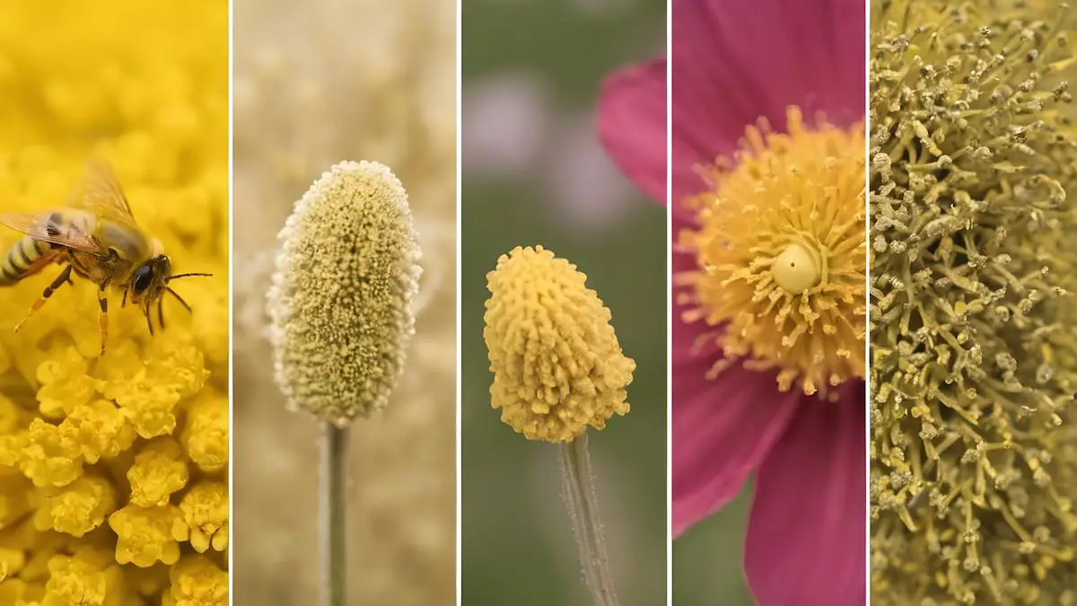 Five different images aligned to show the various shapes and colors of pollen, which triggers pollen allergies.