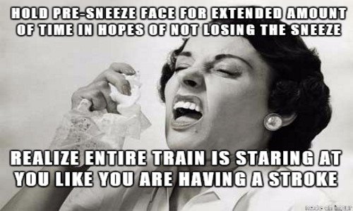 llergy season sneezing meme of a woman trying to sneeze. Captioned: Hold pre-sneeze face for extended amount of time in hopes of not losing the sneeze. Realize entire train is staring at you like you are having a stroke.