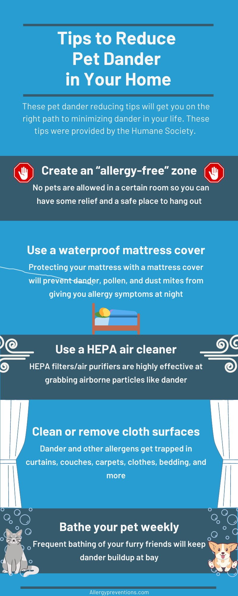 reducing-pet-dander-infographic- Create an “allergy-free” zone, Use a waterproof mattress cover, Use a HEPA air cleaner, Clean or remove cloth surfaces, Bathe your pet weekly