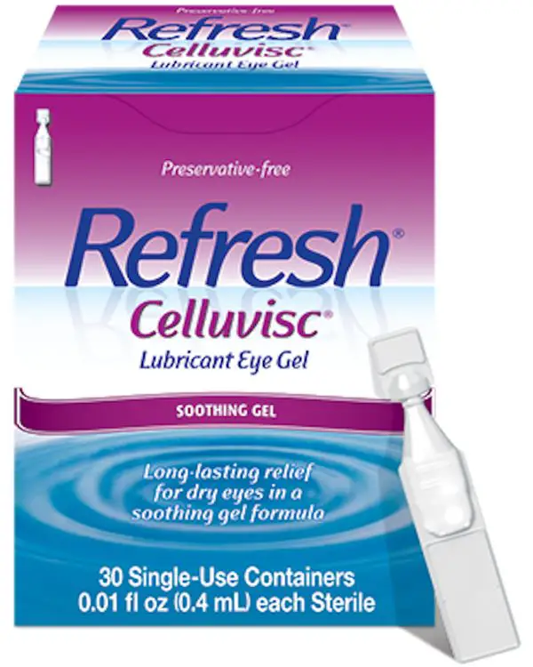 Refresh Celluvisc eye drops container for dry eyes.