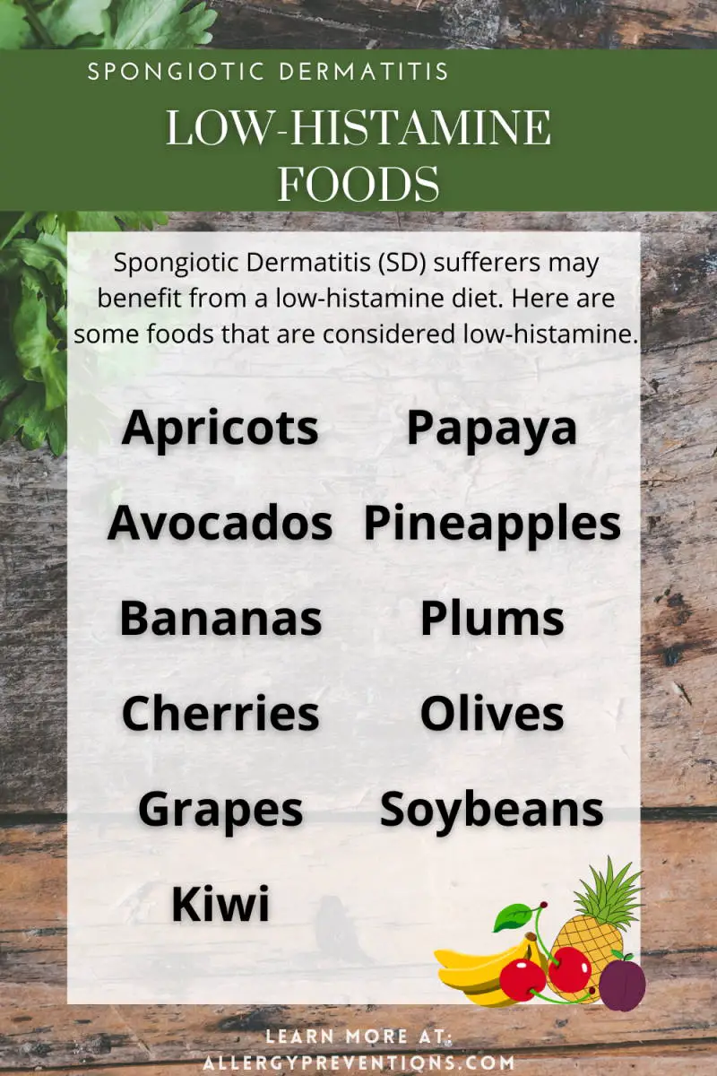 Spongiotic Dermatitis Infographic of high-histamine foods. Spongiotic Dermatitis (SD) can cause an overactive immune system that is overwhelmed by high-histamine foods. Certain types of Fish, meats, fermented foods, vegetables, fruits, dairy, alcohol, chocolate, nuts, ketchup, and mayo