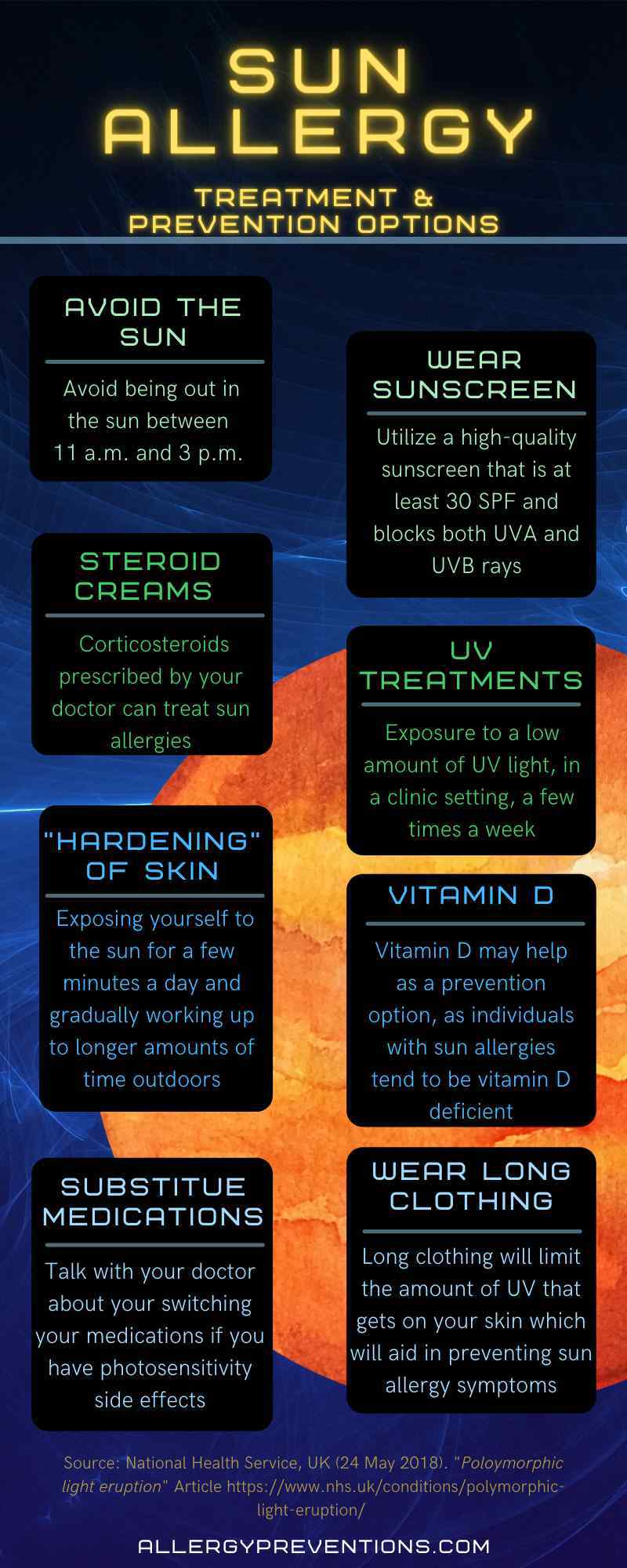 sun allergy treatment and prevention options infographic - avoid the sun, wear sunscreen, steroid creams, UV treatments, "hardening of skin" vitamin D, substitute medications, wear long clothing