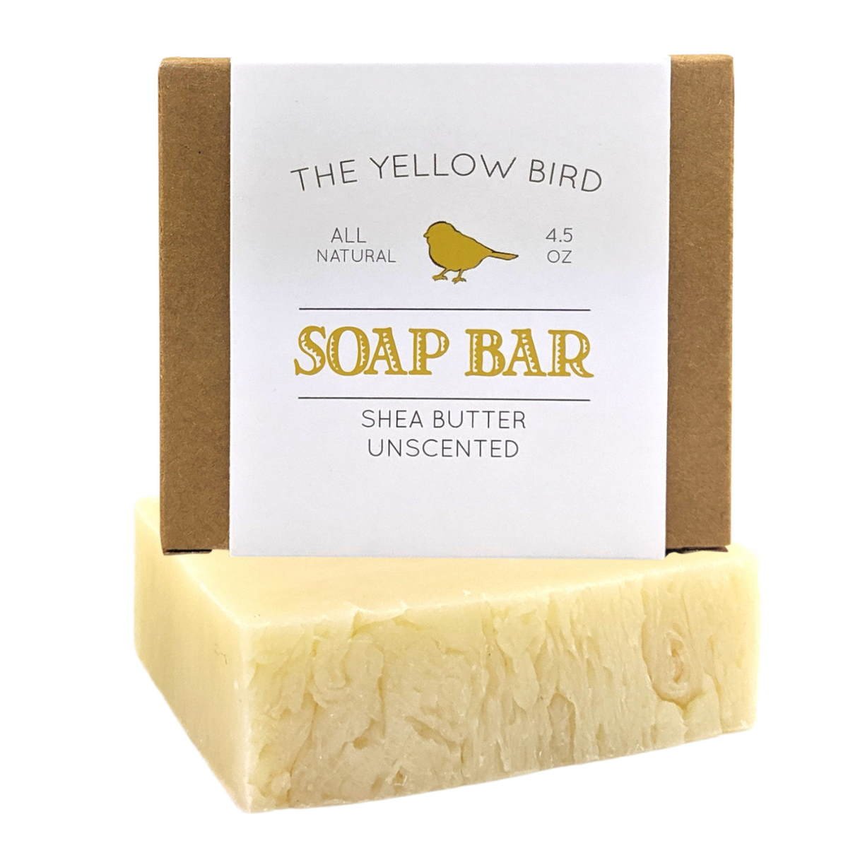 A bar of soap made by The Yellow Bird. This soap is all natural, made of shea butter, and is unscented.