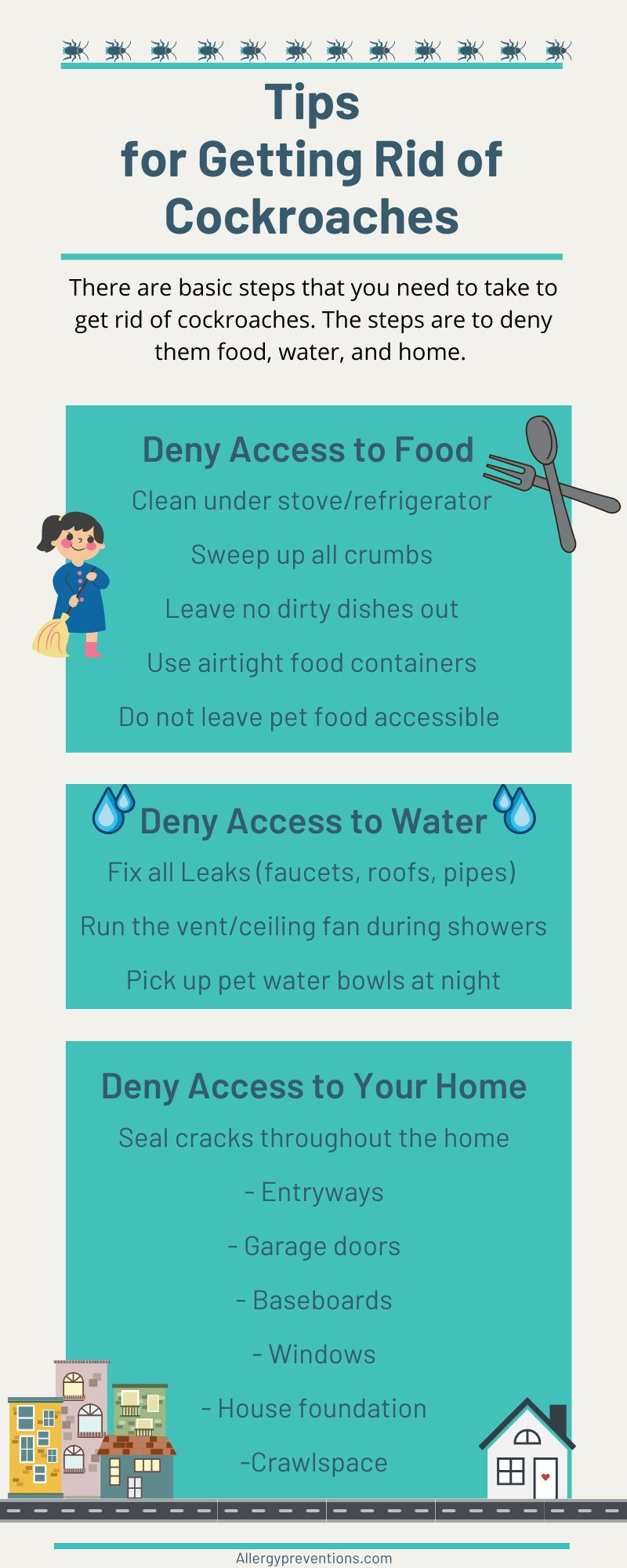 tips-for-getting-rid-of-cockroaches-infographic-deny access to food, deny access to water, deny access to your home