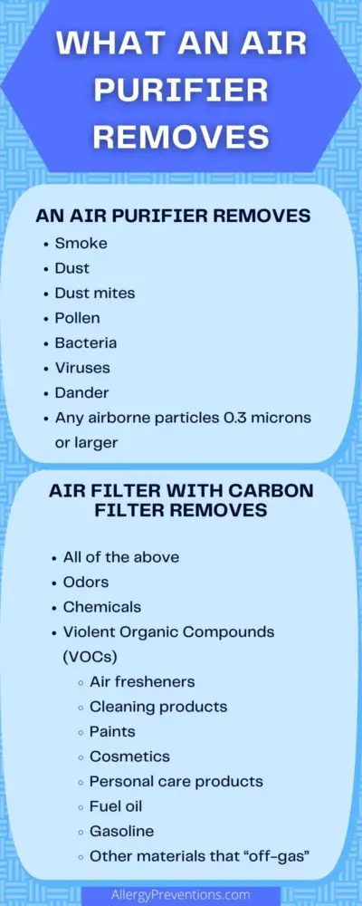 what an air purifier removes infographic. Smoke Dust Dust mites Pollen Bacteria Viruses Dander Any airborne particles 0.3 microns or larger, Odors Chemicals Violent Organic Compounds (VOCs) Air fresheners Cleaning products Paints Cosmetics Personal care products Fuel oil Gasoline
