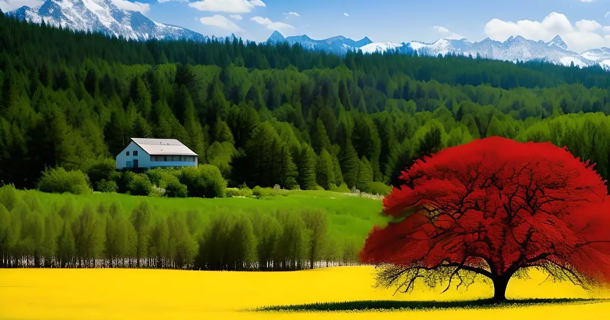 All four seasons in one picture with mountains, a forest, a house, and a field with a red tree.